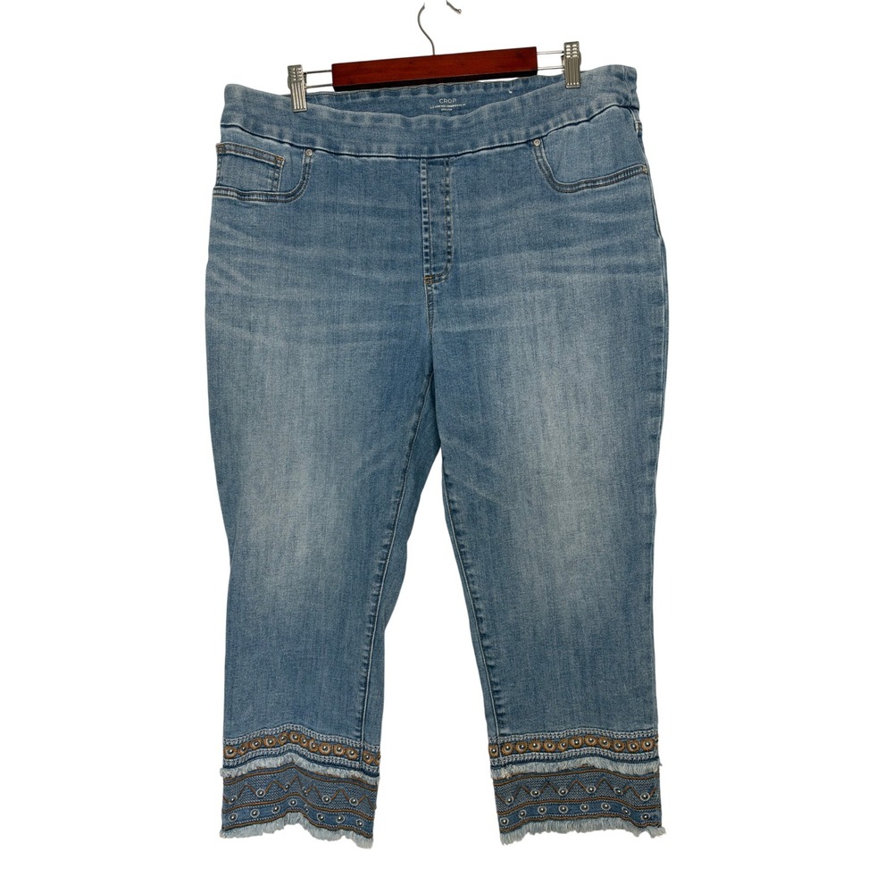 Chicos Crop Jeans 16R Blue Embroidered Studded Frayed Hem Pull On Stretch